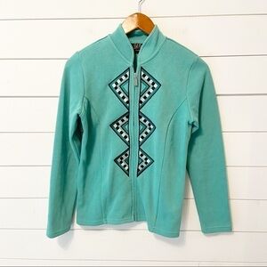 Bob Mackie | Wearable Art Teal Blue Embroidered Full Zip Sweater Size XXS